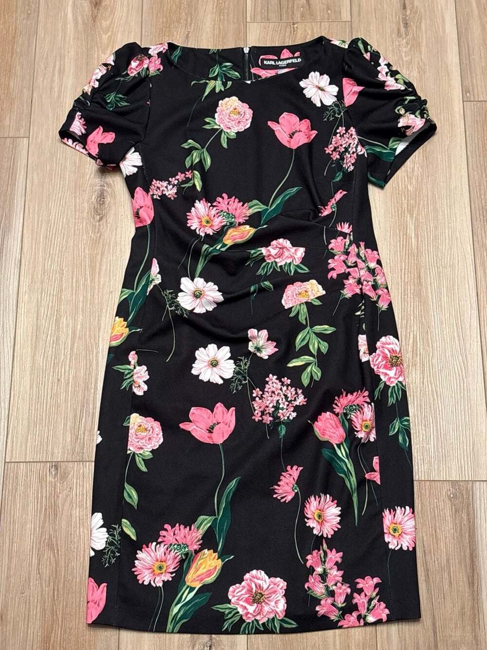 Karl Lagerfeld Paris Floral Puff Sleeve Dress Size 8 Black